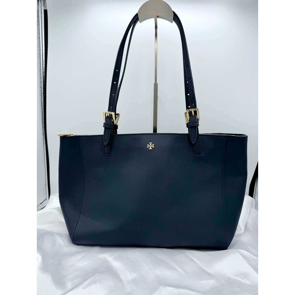 Tory Burch Emerson Saffiano Leather Buckle Tote Bag Navy Blue with Gold Hardware